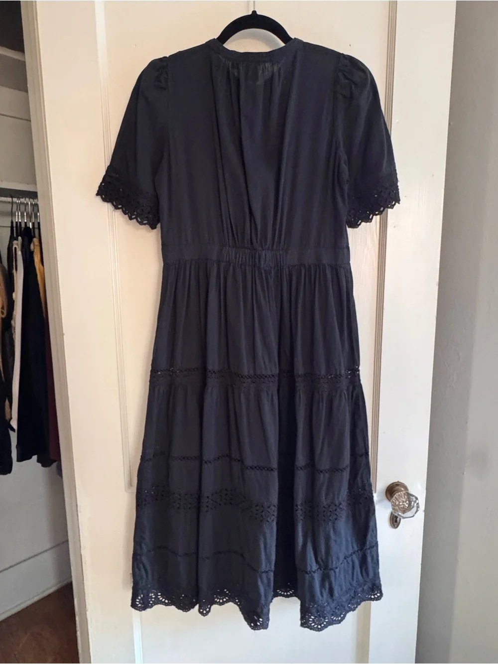 GAP Black Eyelet Button-Front Midi Dress with Short Sleeves
